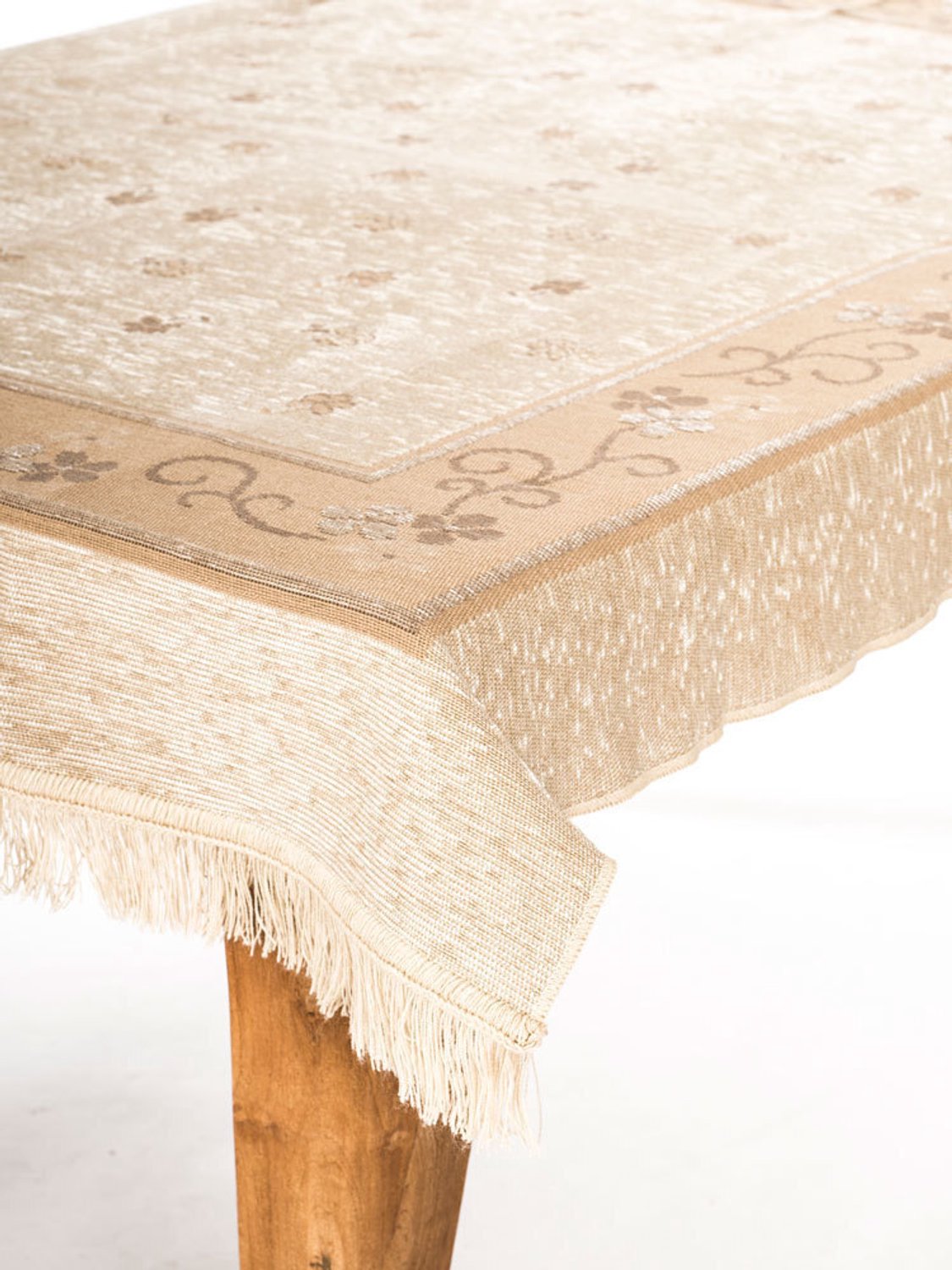 Handweef Tafelkleed Hortensia 4 - 140 x 210 cm - bloemen - beige - bruin / taupe - chenille afgewerkt met franjes