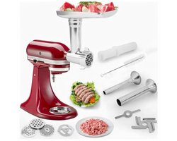 Metalen Voedselmolen Opzetstuk Geschikt voor KitchenAid Keukenmachine - Vleesmolen & Worstvuller Accessoireset met 4 Maalschijven & 3 Mesjes