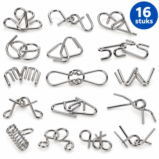 Zestien zilverkleurige metalen draadpuzzels met een ronde blauwe badge met de tekst '16 stuks'.