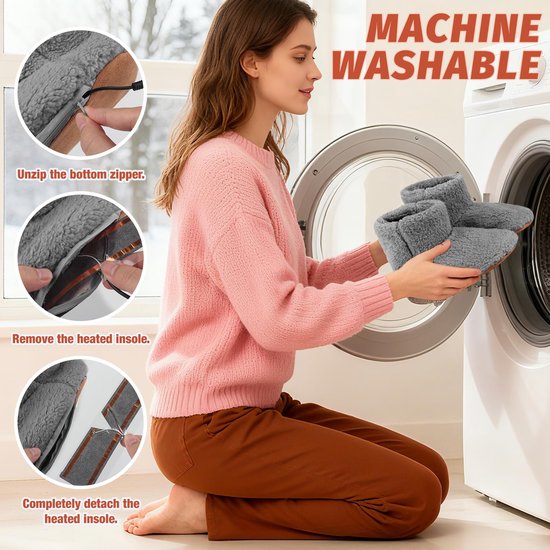 Vrouw stopt grijze verwarmde pantoffels in de wasmachine; toont stappen voor het verwijderen van de inlegzool.