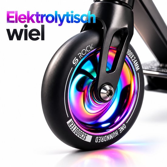 Zwart 100x24mm stuntstepwiel met een opvallende, kleurrijke elektrolytische kern.