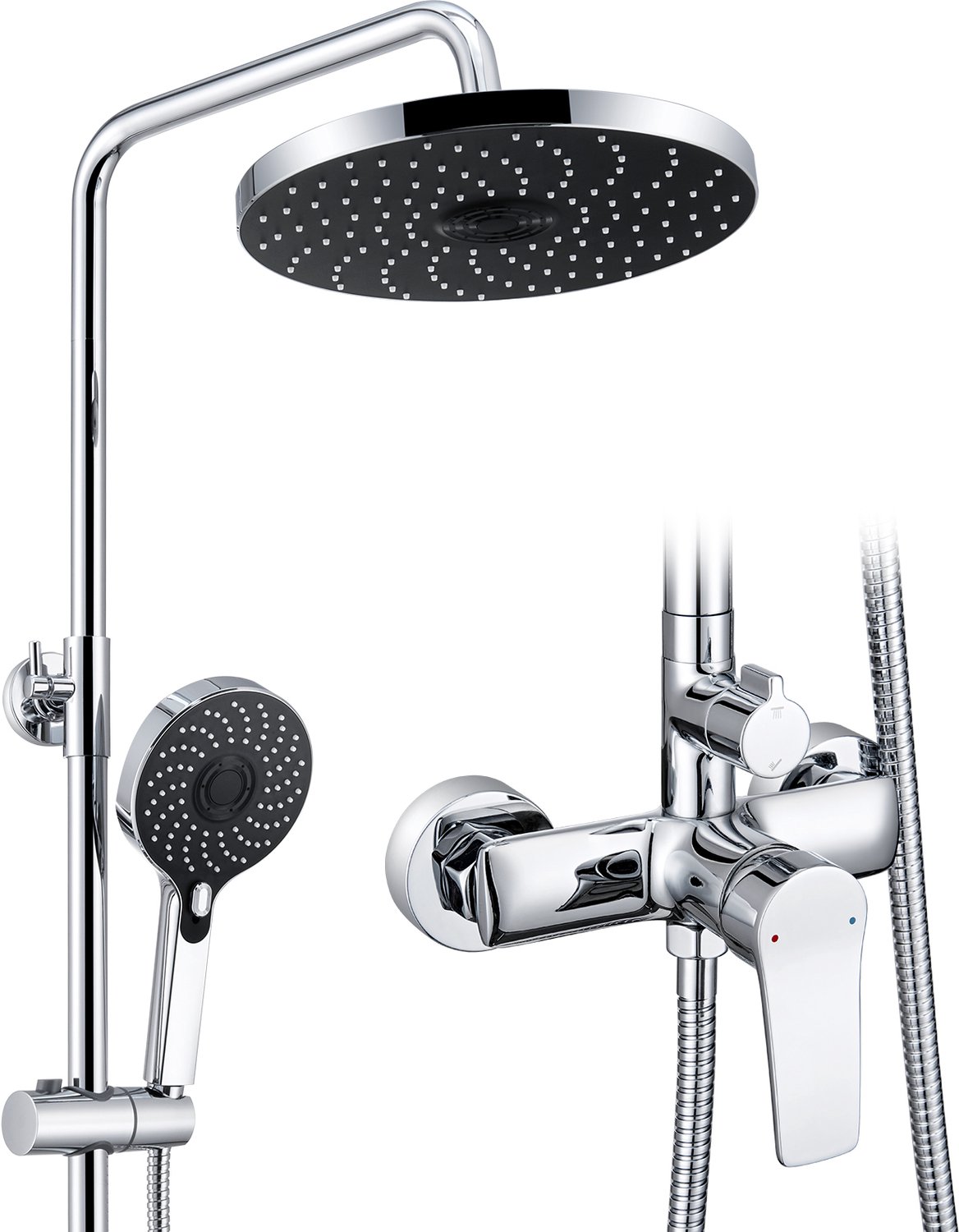 Auralum Max Messing Doucheset Chroom - 2-Functies Douchesysteem - Met Mengkraan - Ø 28 cm - 3 Standen handdouche - Verstelbare Hoogte 105 -140 cm - Waterbesparend - Chroom&Zwart