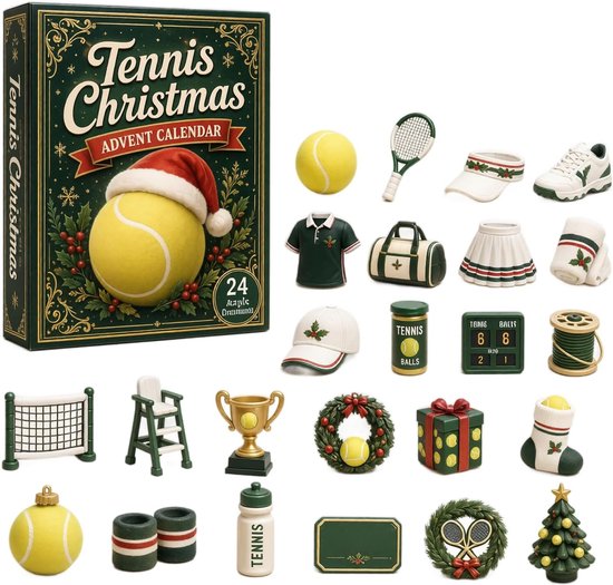 Mini Tenis Rasket tennis adventskalender 2026 - 24 stuks - geel groen wit - acryl ...