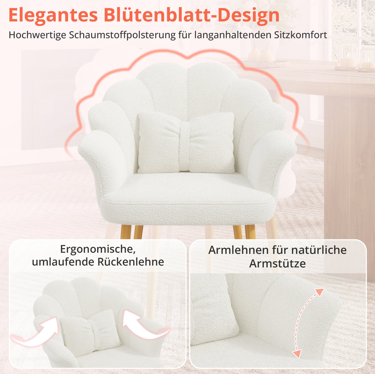 STILVORA Eetkamerstoel 64 x 65,5 x 85 cm - Set Van 2 Met Armleuningen En Bloemblaadrugleuning - Voor Eetkamer En Slaapkamer - Teddystof Wit