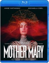 Blu-ray cover van Mother Mary met Anne Hathaway in een gouden hoofdtooi en rode sluier, tekst vermeldt acteurs en muziek.