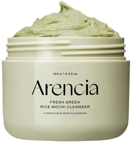 Pot Arencia Fresh Green Rice Mochi Cleanser met lichtgroene, romige textuur die uit de opening steekt.
