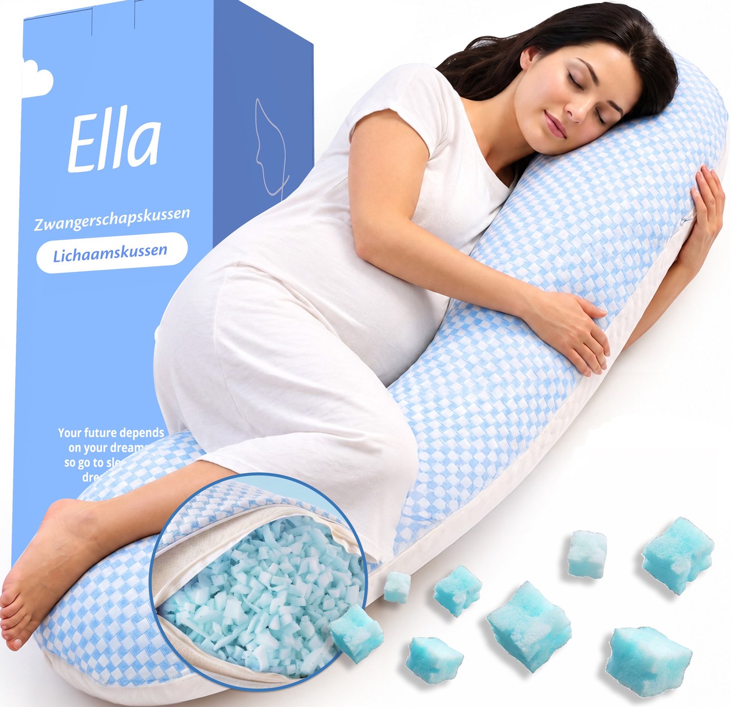 Ella Zwangerschapskussen Traagschuim - Luxe Zijslaapkussen - XXL Lichaamskussen of Voedingskussen - Body Pillow