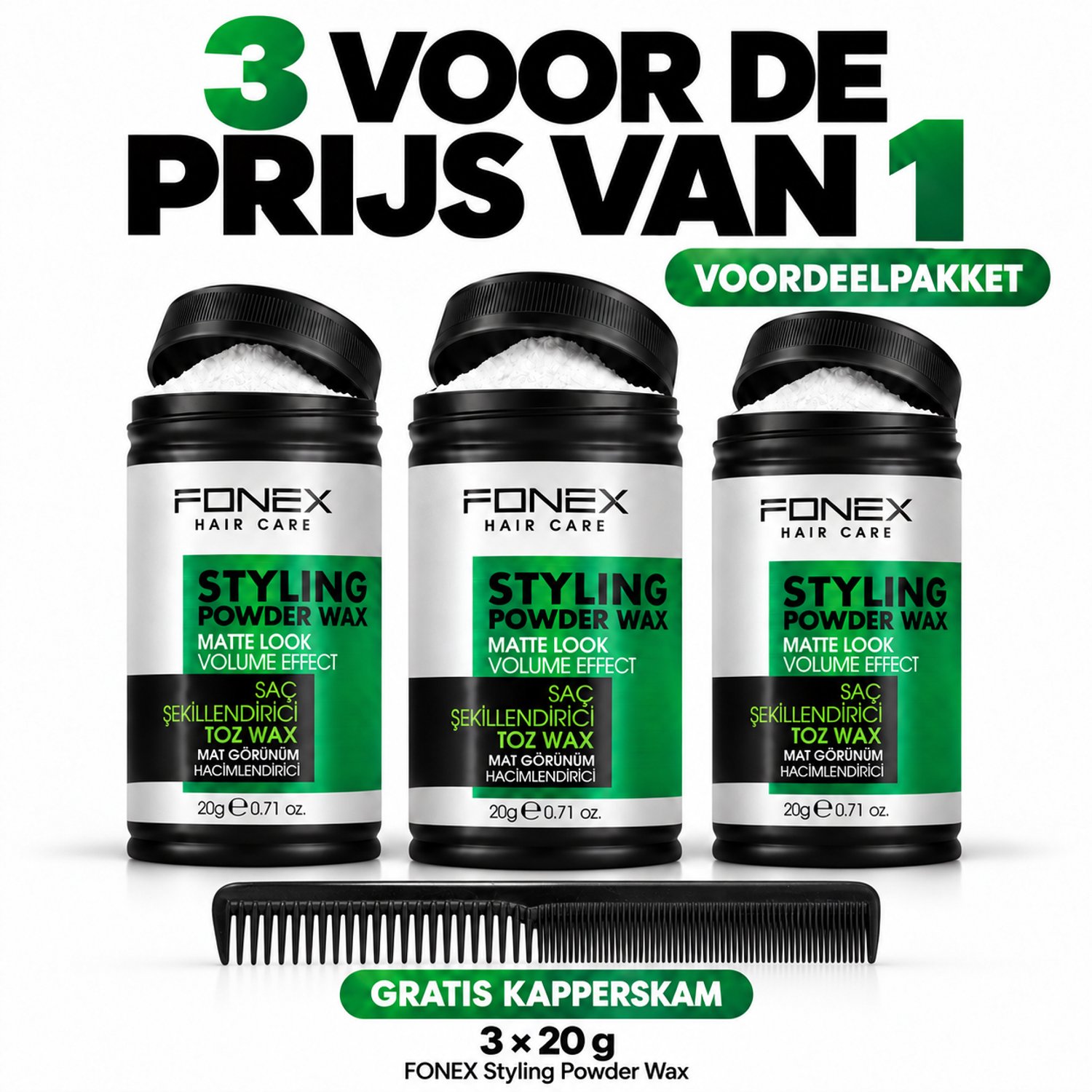 Fonex - Texture Powder - Volume poeder - Powder wax - Haarpoeder - 3 pieces - A Styling Comb - Hair - Hairstyling - Hairwax - Styling - Wax - 3x20 g Long-Lasting Hold, Natural Matte Finish