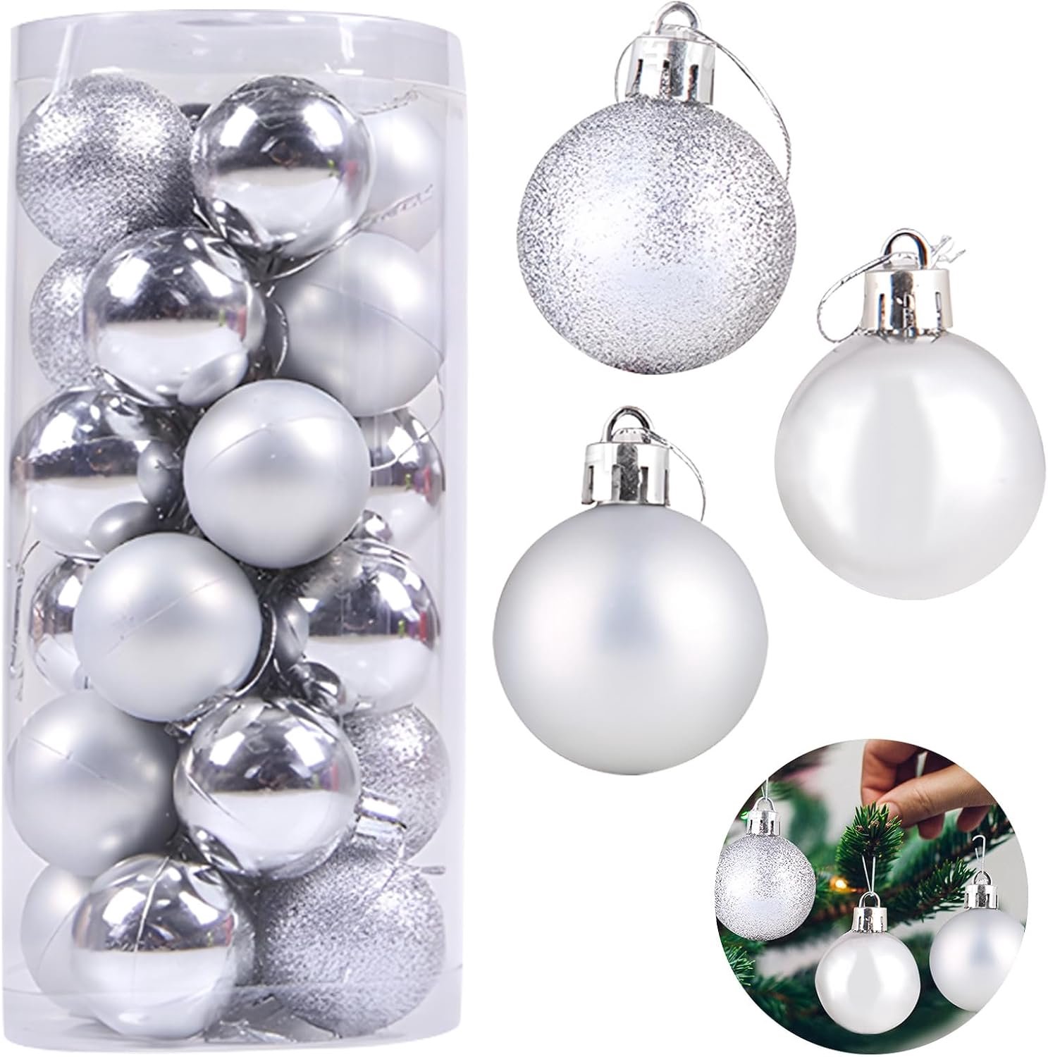 Set van 24 onbreekbare kerstballen – Zilveren kerstboomversiering (6 cm) – Ideaal voor kerstfeesten, kransen en slingers