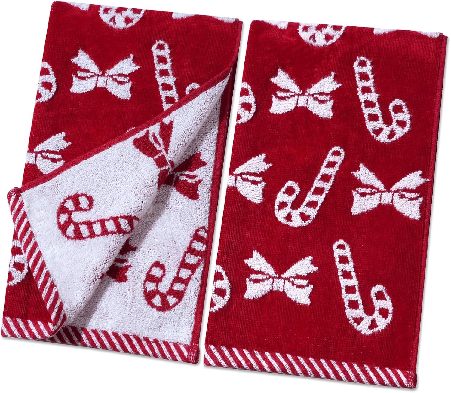 Set van 2 kerstrode handdoeken met strikmotief voor de badkamer – Dikke, zachte decoratieve jacquard-handdoekenset – Feestelijke kerstdecoratie & cadeau voor keuken of badkamer (41 x 69 cm)
