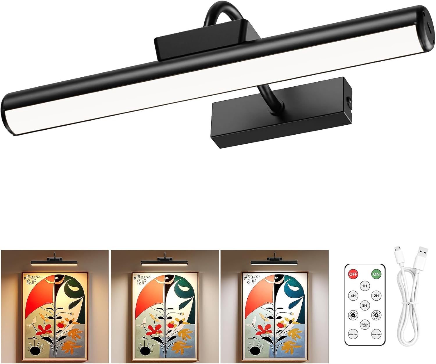 Wandgemonteerde schilderijverlichting, oplaadbare 4000 mAh LED-kunstverlichting met afstandsbediening, dimbaar, 3 kleurtemperaturen, geschikt voor posters, foto's en portretten – modern zwart, 13 inch
