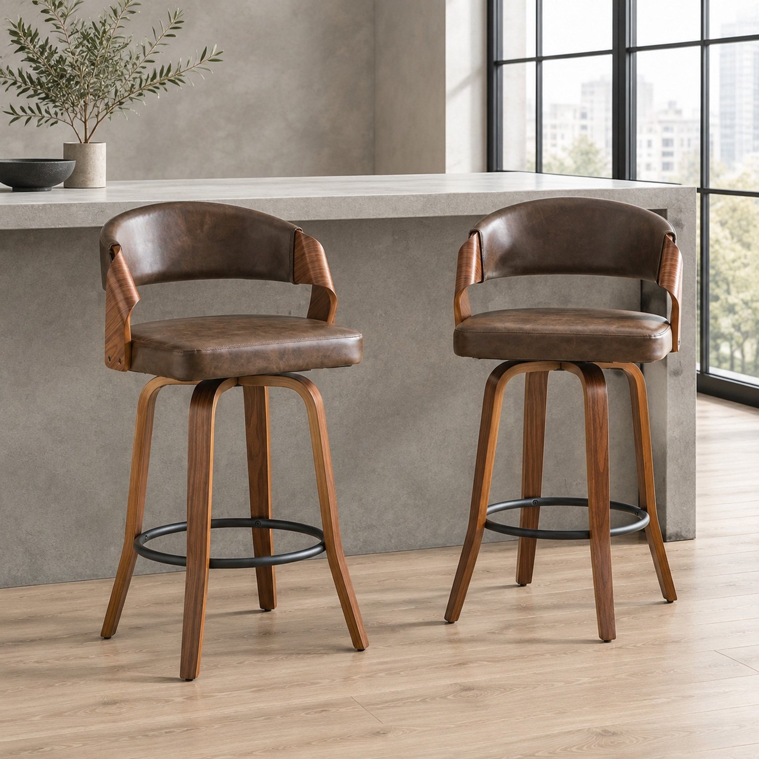 CHICFURN Barkruk - Set van 2 - Met rugleuning - Houten onderstel - Bruin