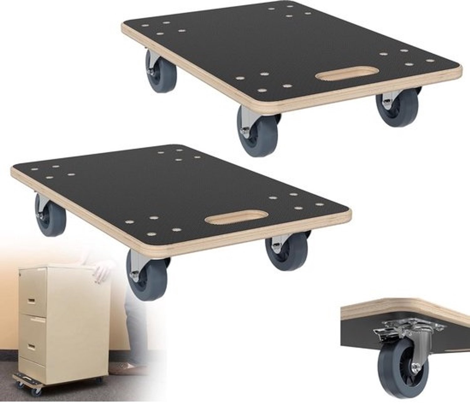 Transportwagentje met houten laadvlak - Steptochtje voor het verhuizen - Meubilair verplaatsen - Met een parkeerrem - 60 x 40 cm - Houttint