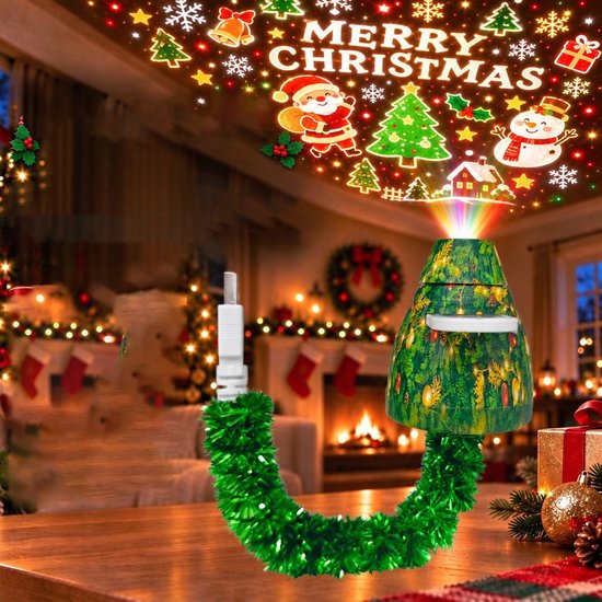 Kerstprojector - Met 6 Kerstafbeeldingen - USB - Kerst Projectielamp - Kerst Led-projector - Plug and Play - Vakantieprojector - LED Projector - Projectorlamp - Mini Feestelijke Projector - Kerstdecoratie - Voor kamperen, auto, plafond, wanddecoratie