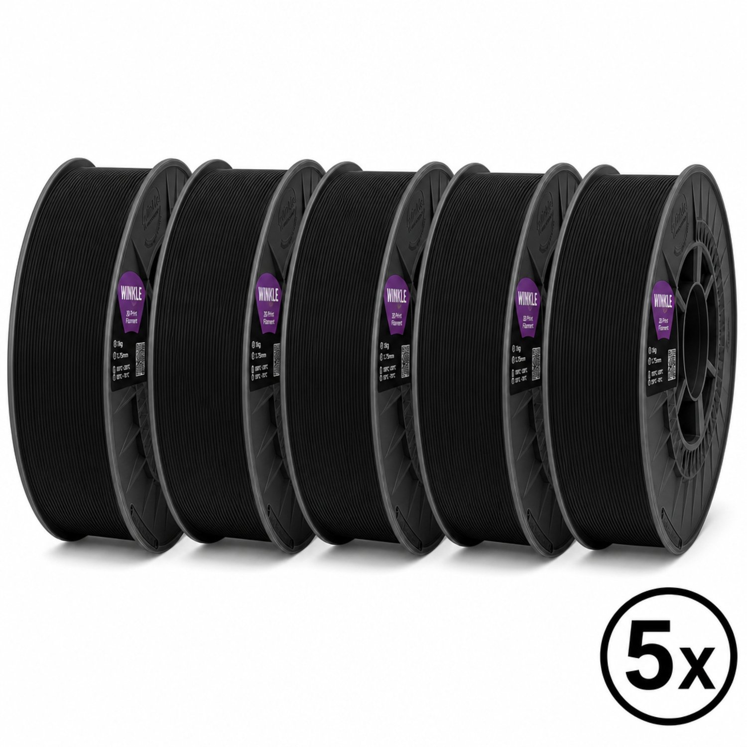 Winkle PLA HD 3D Filament - Filament voor 3D printer - Hoge Nauwkeurigheid - Zwart - 1,75mm - 5kg 5x Zwart
