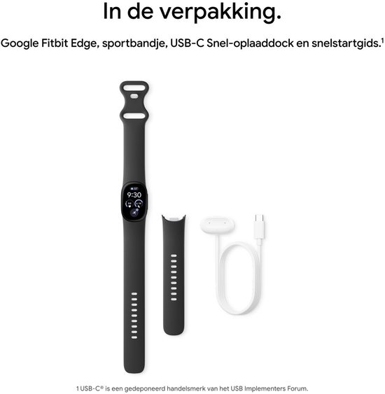 Inhoud verpakking: Fitbit Edge in zwart, extra horlogebandje en witte USB-C snellaaddock.