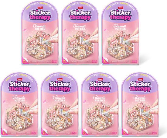 Zeven identieke verpakkingen van Zuru Sticker Therapy Kawaii Kitties in een rij op een witte achtergrond.