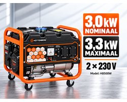Hüttenberg Benzine Generator - Model H8500W - 3000W Continu Vermogen / 3300W Maximaal Vermogen - Noodstroom Aggregaat - Handstart – 15 L