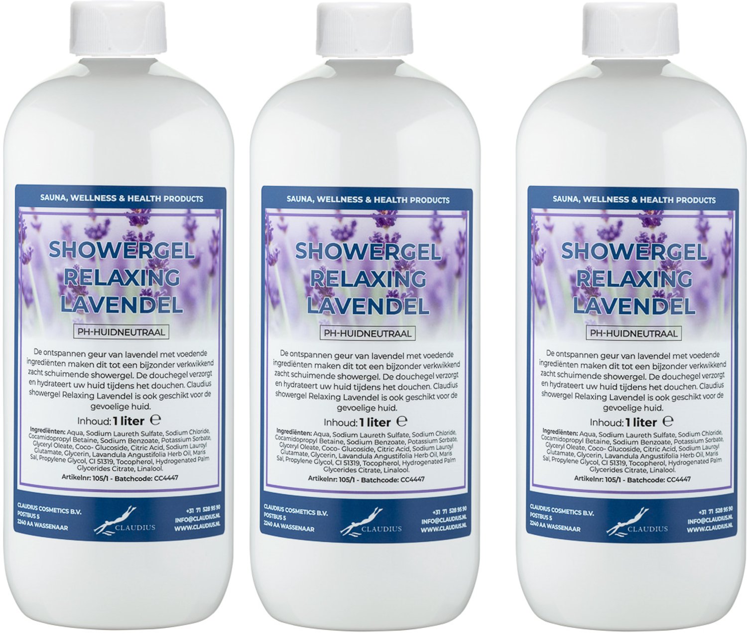 Claudius Douchegel Relaxing Lavendel 1 liter - set van 3 stuks - showergel - navulling - voordeelverpakking