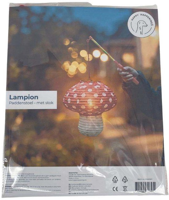 Paddenstoel Lampion met Stok - Rood met Witte Stippen - 20x20cm - Verjaardag Versiering Feest - Kinderfeestje Decoratie - Lampionnen — afbeelding 3