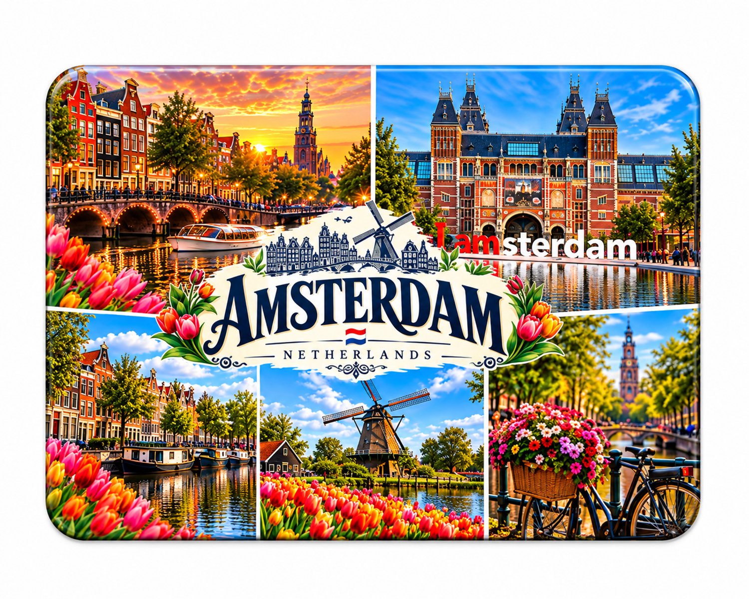 Amsterdam Koelkastmagneet MDF 9 x 7 cm – Souvenir met Grachten, Tulpen en Molen