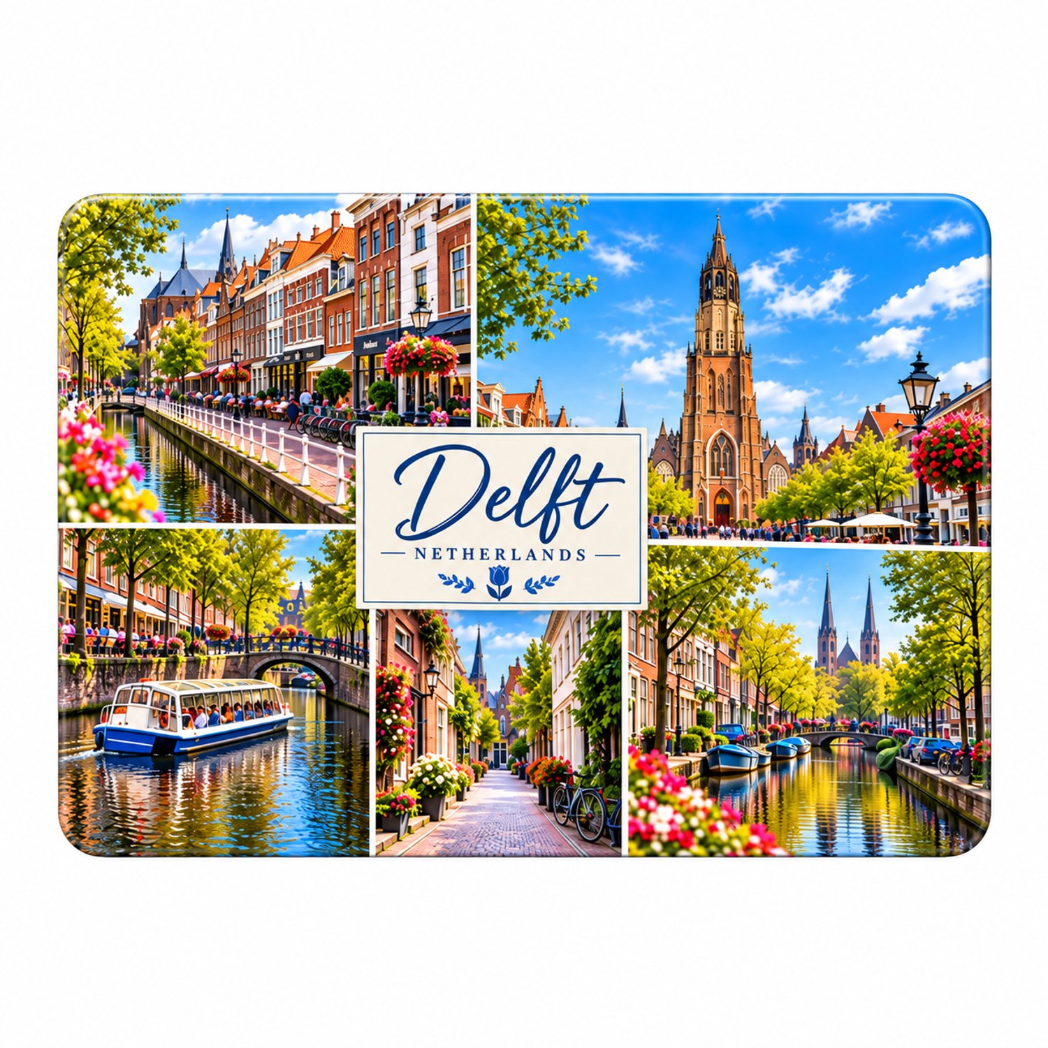 Delft Koelkastmagneet MDF 9 x 7 cm – Souvenir met Grachten, Kerktorens en Historische Binnenstad