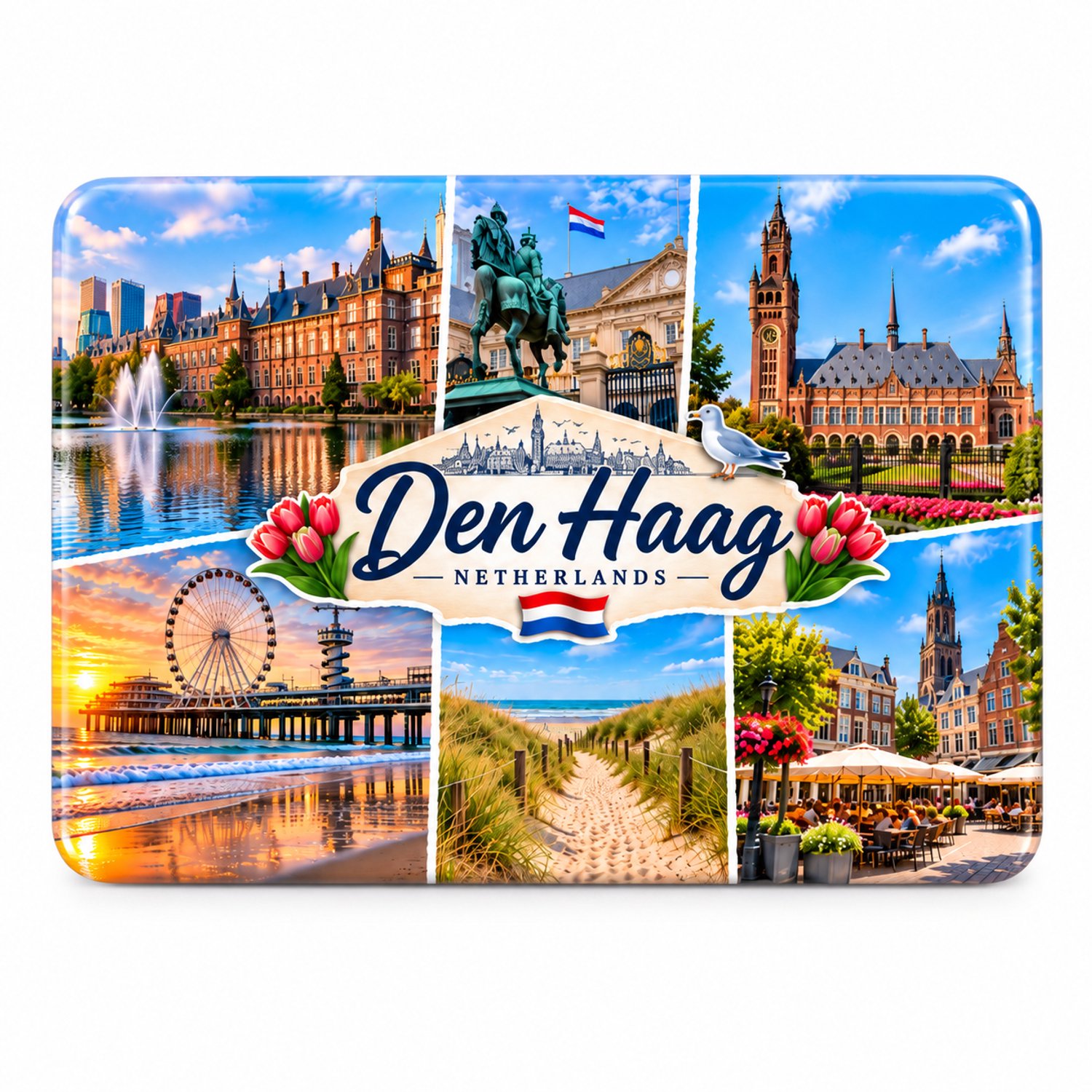 Den Haag Koelkastmagneet MDF 9 x 7 cm – Souvenir met Scheveningen, Strand en Haagse Stadsgezichten