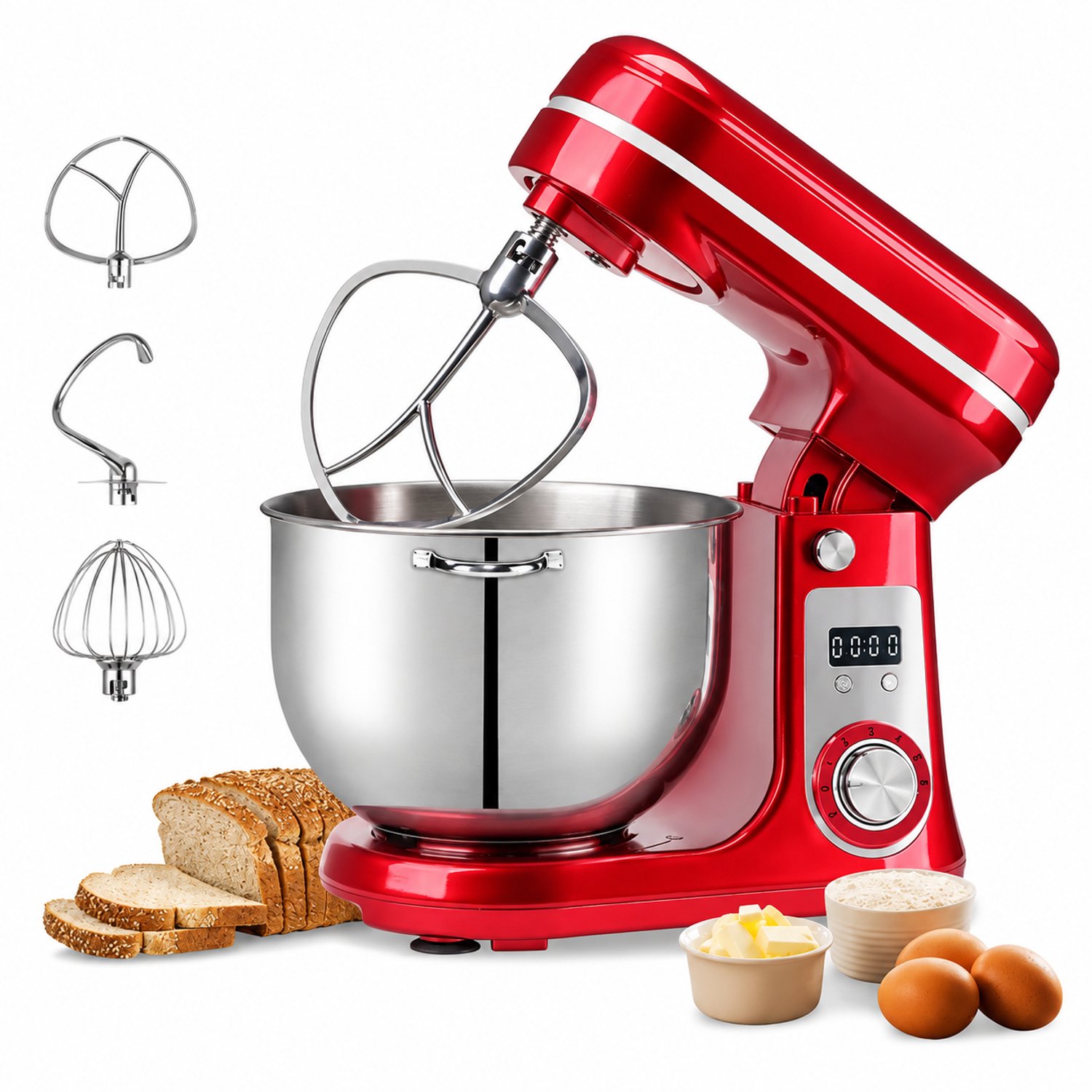 Nyoz keukenvoedselmixer - keukenmachine - Keukenhulp - 1200W - 6L - 6 snelheden + puls - Stille DC-motor - Timer - RVS kom