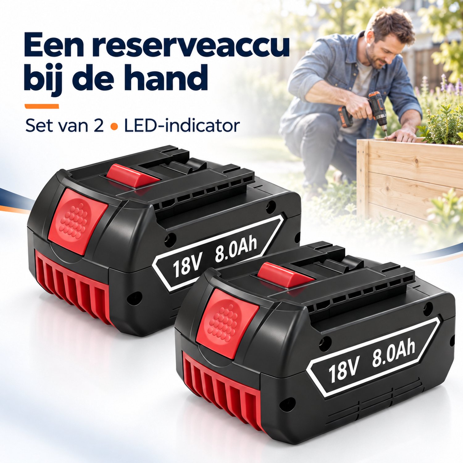 2x 18V 8,0Ah Accu geschikt voor Bosch GBA – Li-ion Vervangingsaccu’s met LED-indicator – Zonder Oplader