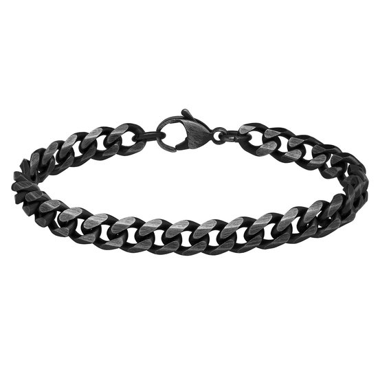 Zwarte stalen gourmet schakelarmband met antieke finish en karabijnsluiting.