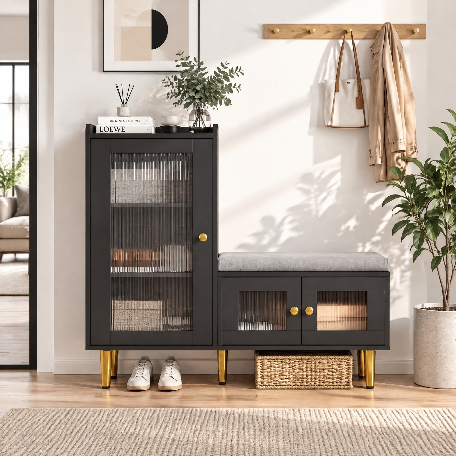 Schoenenkast met zitje, Schoenenbank met 3 deuren en verstelbare schotten, Moderne halinrichting met goudkleurige metalen poten en handgrepen, 100 x 35 x 82,5 cm, Zwart