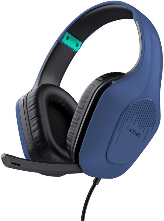 Blauwe Trust GXT 415B Zirox-gamingheadset met zwarte oorkussens, opvouwbare microfoon en groen accent.