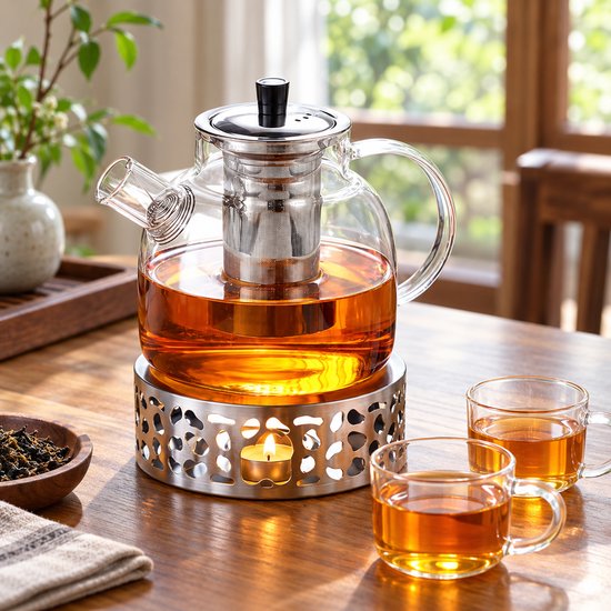 LotaHome - Glazen Theepot met Filter en Theelicht Warmhouder Set - Theepot met Verwarmingselement - Borosilicaat Glas - RVS Zeef - Glazen Theepot voor Losse Thee of Theebloemen - Theepot met Filter en Warmhouder - Met Schoonmaakspons - 1.5 liter — cadeau in Koken & Dineren - foto 2
