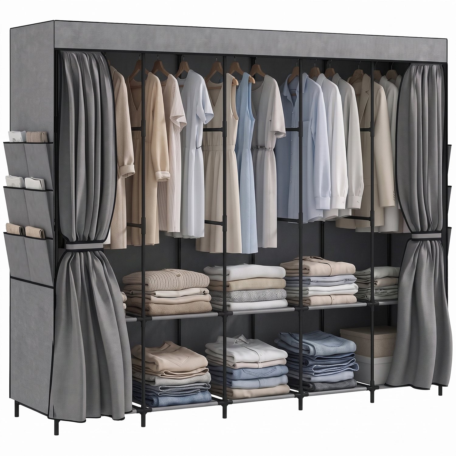ECTEATOY Stoffen Kledingkast - Garderoberek met 5 Roedes en 5 Planken - 212x45x167 cm - Grijs