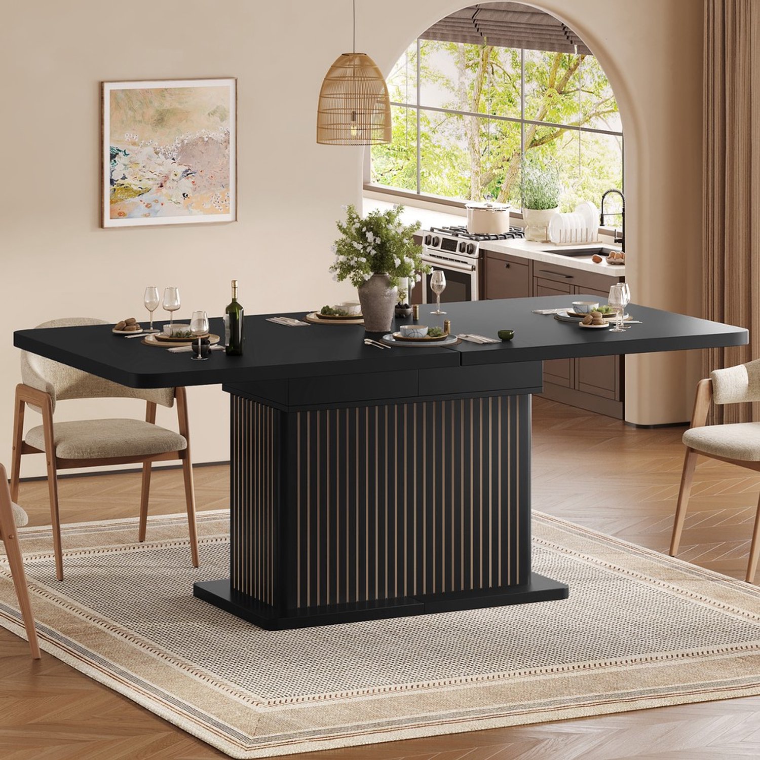 Pugsdrly Uitschuifbare eettafel 120–160 cm, multifunctionele tafel met verborgen opbergruimte en verticale reliëfstrepen, opklapbaar tafelblad, moderne eettafel, zwart