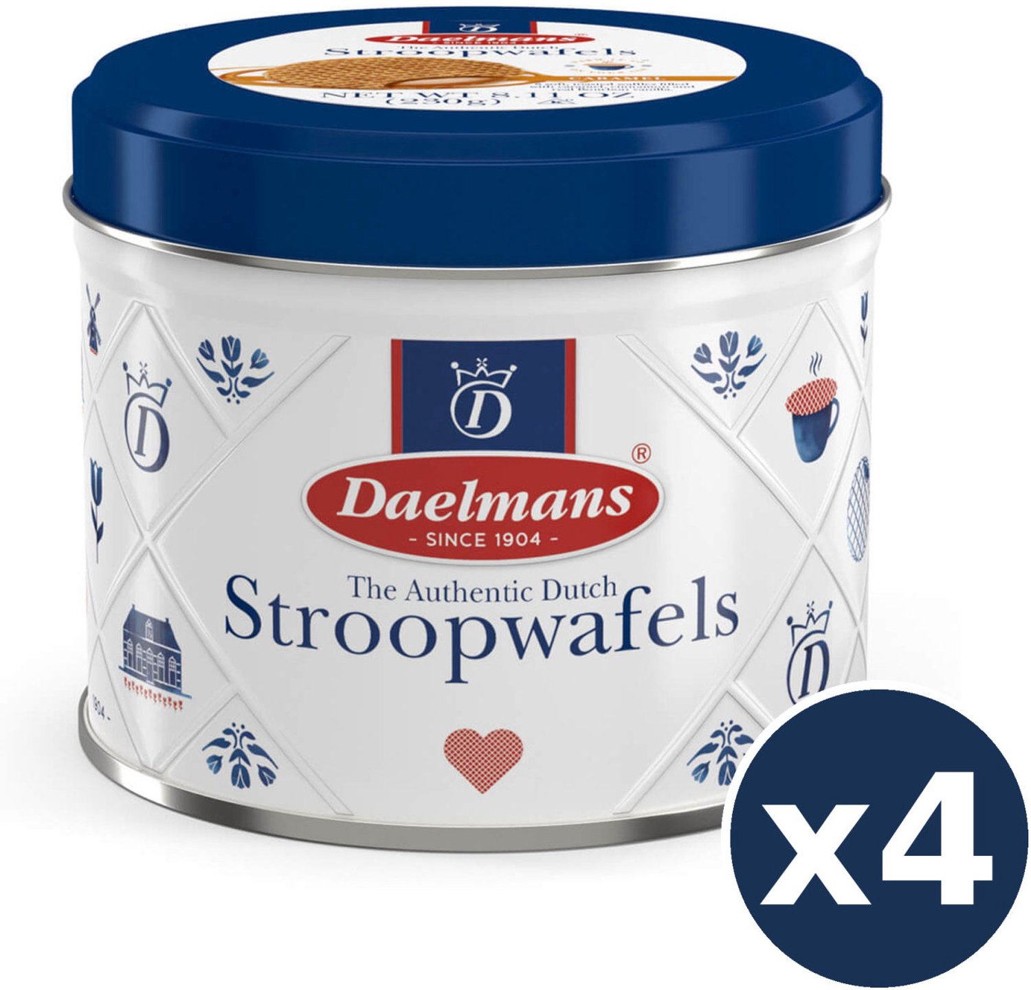 Daelmans Karamel Stroopwafels 4-Pack Bundel – 4 x 230g Decoratief Blik, 32 Stroopwafels Totaal, Traditioneel Hollands Recept uit 1904