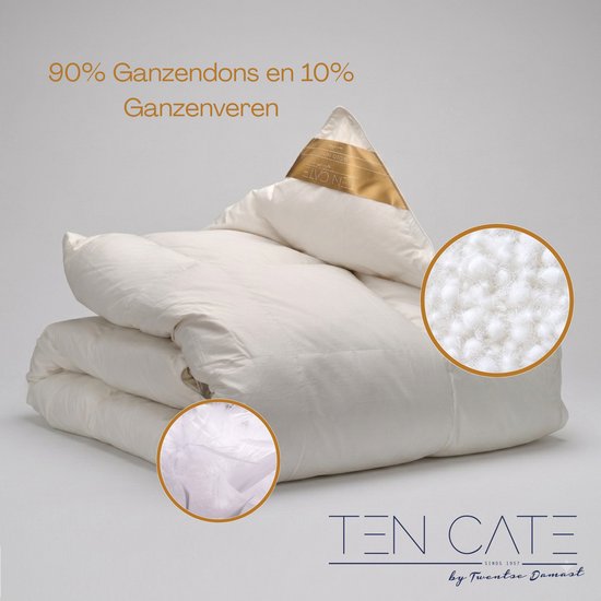 Witte donzen deken met 90% ganzendons en 10% ganzenveren, inclusief gouden Ten Cate label.