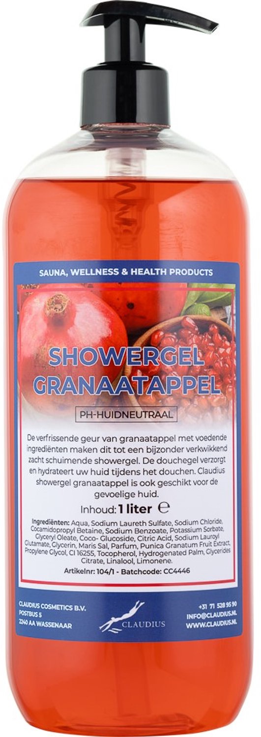 Claudius Douchegel Granaatappel 1 liter met gratis zwarte pomp - showergel - navulling - voordeelverpakking