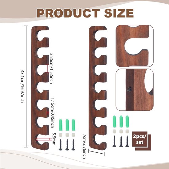 2 stuks wandmontage zwembad stickhouder, houten zwembad keu rek wandgemonteerde biljart keu houder pooltafel accessoires organisator houdt tot 7 keuen stok voor biljartkamer of club, 43,1 x 7 — afbeelding 2