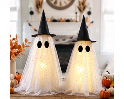 2 Stuks Halloween Led Spook - Lichtgevende Spookdecoratie - Spook met Heksenhoed - Halloween Lamp - Warm Wit Licht - Halloween-Decoratie - Buiten- en Binnen - Voor Tuin, Patio, Boom en Voordeur