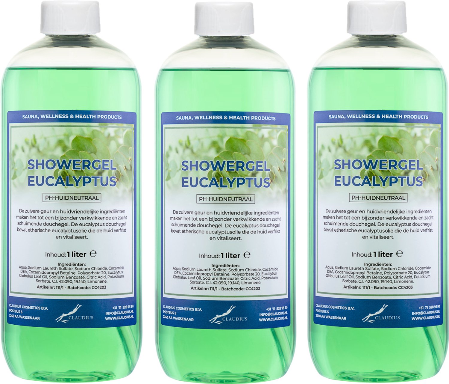 Claudius Douchegel Eucalyptus 1 Liter - set van 3 stuks - showergel - navulling - voordeelverpakking