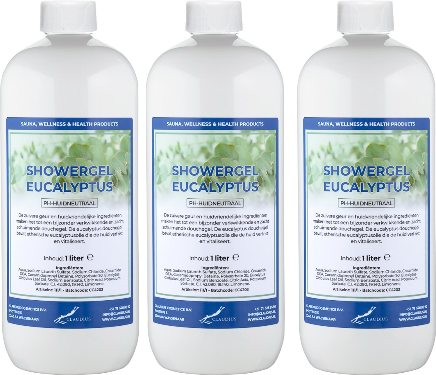 Claudius Douchegel Eucalyptus 1 liter - set van 3 stuks - showergel - navulling - voordeelverpakking