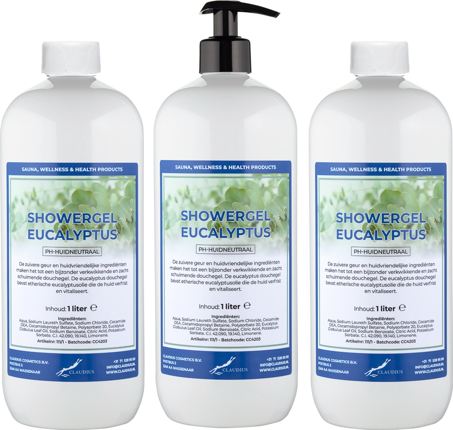Claudius Douchegel Eucalyptus 1 liter - set van 3 stuks - met gratis zwarte pomp - navulling - voordeelverpakking