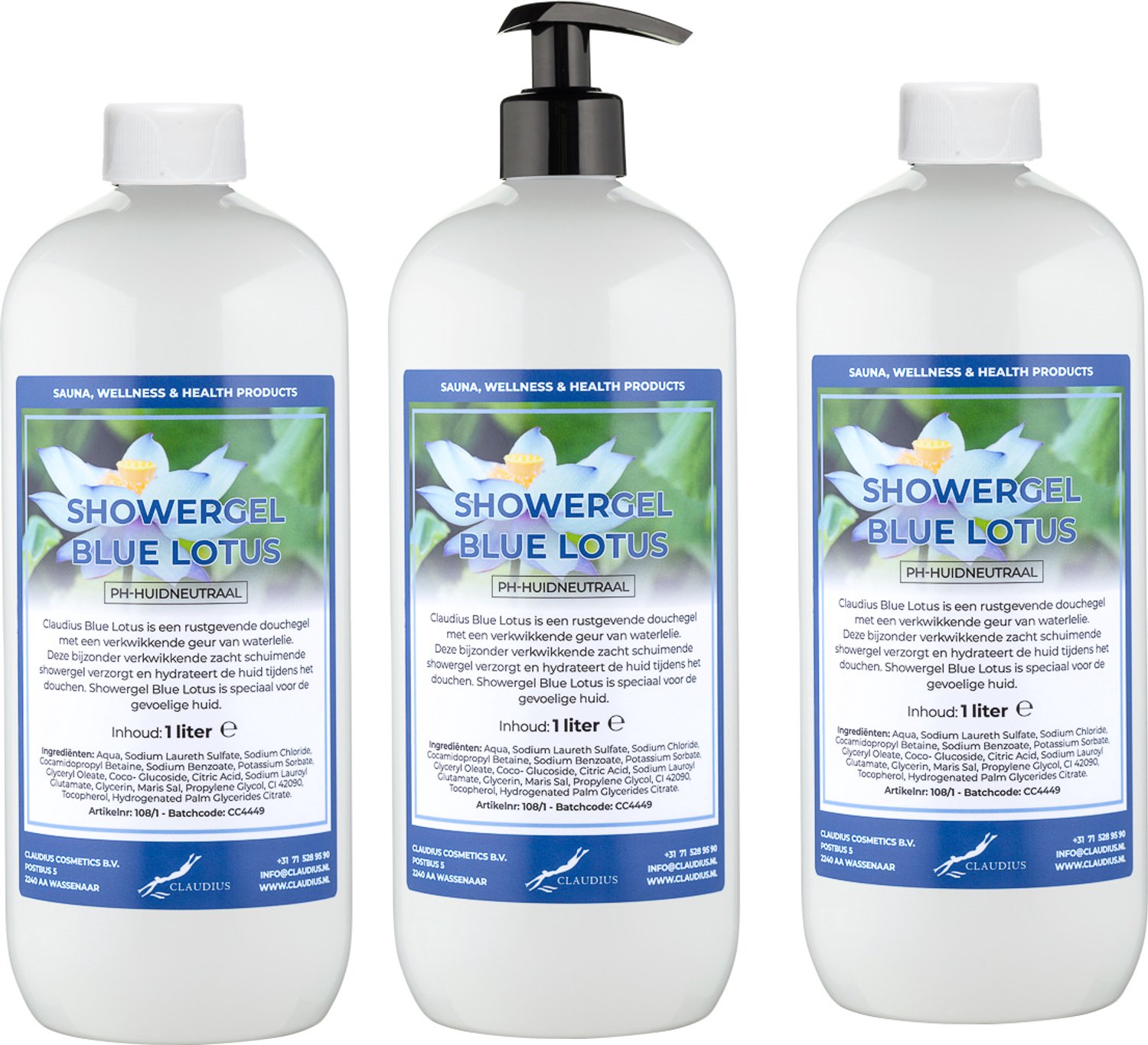 Claudius Douchegel Blue Lotus 1 liter - set van 3 stuks - met gratis zwarte pomp - navulling - voordeelverpakking