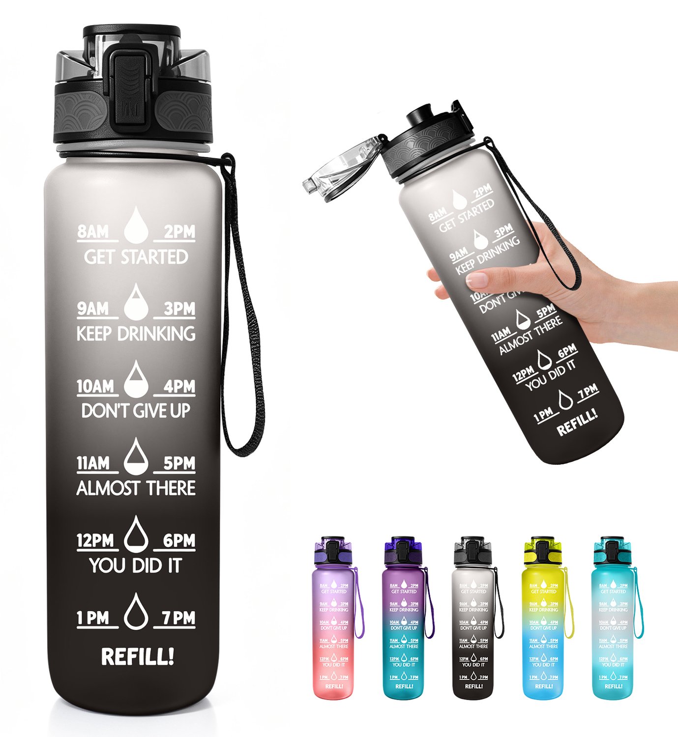 Drinkfles met rietje - lekdicht - BPA-vrij - tijdsaanduiding - draagriem - herbruikbare waterfles voor werk, sport en onderweg(wit zwart)
