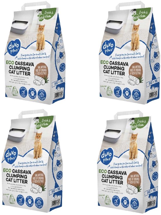 Vier zakken Duvo+ Eco Cassava klontvormende kattenbakvulling met afbeelding van een kat en een kattenbak.
