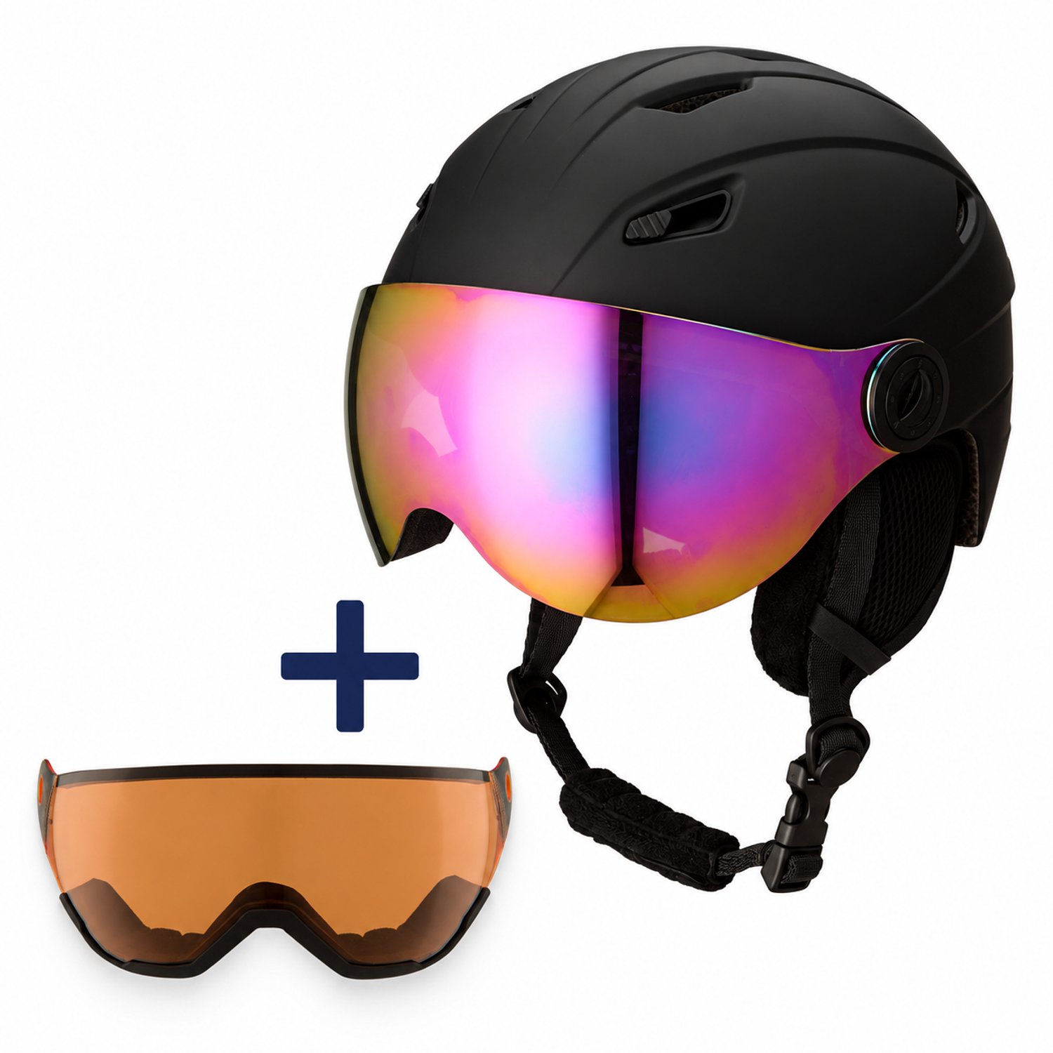 GOOFF Speed Skihelm met Vizier en Extra Mistvizier - 3-in-1 met Afneembare Oorstukken - Dames en Heren - Snowboard Helm - Roze-Paars & Oranje - Maat S