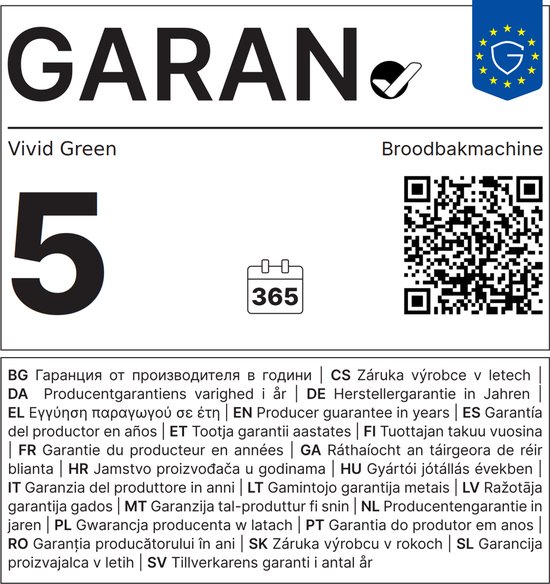 Garantiekaart voor Vivid Green broodbakmachine met 5 jaar garantie, QR-code en meertalige tekst.