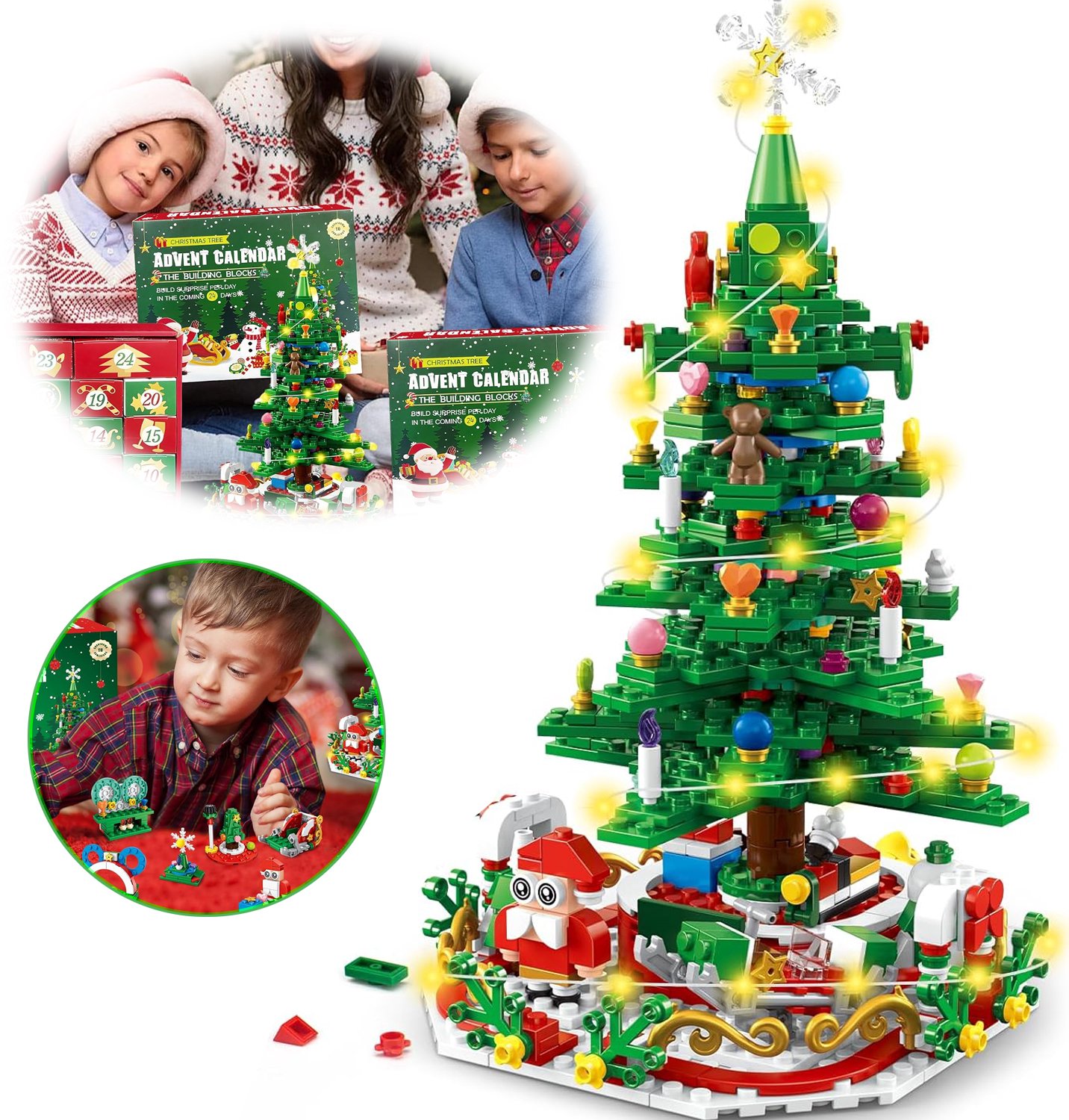 Adventskalender - Kerstboom-Bouwset - Aftelkalender Voor Kerstmis (24 Dagen) Met Ledverlichting - 24-In-1 Bouwspeelgoedset