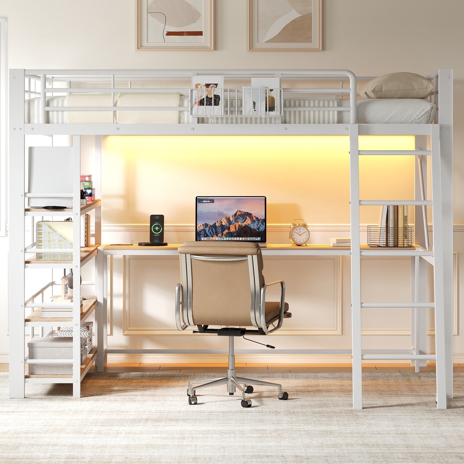 MUVANO Metalen Hoogslaper 140x200 - Hoogslaper Met Bureau - Witte Hoogslaper - Ruimtebesparend Loftbed - 140x200 cm - LED En USB - Slaapkamer Wit